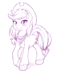 Size: 763x1000 | Tagged: safe, artist:dstears, applejack, earth pony, pony, bandana, looking at you, monochrome, simple background, solo, unshorn fetlocks