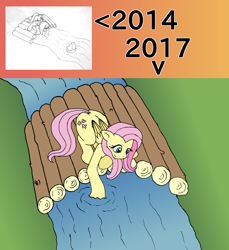 Size: 2592x2828 | Tagged: safe, artist:phonicb∞m, fluttershy, pegasus, pony, bridge, draw this again, grass, looking down, river, simple background, smiling