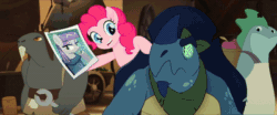 Size: 400x167 | Tagged: safe, screencap, louise, maud pie, pinkie pie, pushkin, earth pony, frilled lizard, pony, my little pony: the movie, animated, bad breath, barrel vendor, bird vendor, female, gif, in which pinkie pie forgets how to gravity, klugetown, klugetowner, lizard vendor, mare, pinkie being pinkie, pinkie physics, visible stench