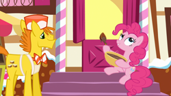 Size: 1920x1080 | Tagged: safe, screencap, carrot cake, pinkie pie, earth pony, pony, the one where pinkie pie knows, bowl, female, male, mare, mixing bowl, stallion