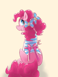 Size: 768x1024 | Tagged: safe, artist:mad-maker-cat, pinkie pie, pony, bow, simple background, sitting, solo, yellow background