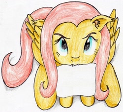 Size: 1686x1529 | Tagged: safe, artist:40kponyguy, derpibooru exclusive, fluttershy, pegasus, pony, annoyed, ear fluff, exploitable, floppy ears, looking at you, looking up, mouth hold, simple background, solo, traditional art, white background