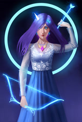 Size: 2203x3274 | Tagged: safe, alternate version, artist:solojian, rarity, human, abstract background, arrow, bow (weapon), clothes, cutie mark, dress, element of generosity, hairclip, horn, horned humanization, humanized, magic, solo