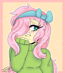 Size: 1141x1265 | Tagged: safe, artist:jadedmelody613, fluttershy, equestria girls, blushing, bow, clothes, female, hair bow, hair over one eye, heart eyes, signature, simple background, solo, sweater, sweatershy, wingding eyes