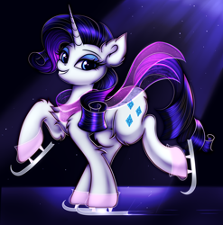 Size: 2800x2838 | Tagged: safe, artist:mite-lime, artist:mite_lime, rarity, pony, unicorn, chest fluff, clothes, cute, ear fluff, female, high res, ice skates, ice skating, leg fluff, looking at you, mare, raribetes, scarf, skating, smiling, solo