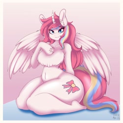 Size: 4096x4096 | Tagged: safe, artist:tatemil, oc, oc only, oc:nekonin, alicorn, anthro, plantigrade anthro, alicorn oc, chest fluff, cleavage fluff, disproportional anatomy, excessive chest fluff, femboy, huge butt, large butt, male, nudity, solo