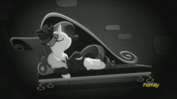 Size: 500x281 | Tagged: safe, edit, edited screencap, screencap, rarity, pony, unicorn, rarity investigates, animated, black and white, detective rarity, discovery family logo, fainting couch, gif, grayscale, monochrome, reversed, sofa, solo, you know for kids