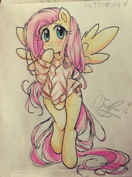 Size: 956x1278 | Tagged: safe, artist:veronica453, fluttershy, anthro, pegasus, semi-anthro, unguligrade anthro, adorasexy, arm hooves, bipedal, blushing, clothes, covering, covering mouth, cute, female, looking at you, mare, sexy, shy, shyabetes, solo, spread wings, traditional art, watermark, wings