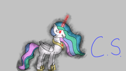 Size: 1920x1080 | Tagged: safe, artist:c.s., princess celestia, alicorn, pony, amulet, celestia is not amused, dark magic, evil, evil celestia, evil grin, glowing horn, grin, horn, jewelry, magic, missing accessory, smiling, solo, unamused