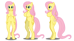 Size: 1736x971 | Tagged: safe, artist:flash equestria photography, fluttershy, anthro, unguligrade anthro, barbie doll anatomy, big breasts, breasts, featureless breasts, female, hootershy, show accurate anthro, simple background, solo