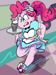 Size: 3000x4000 | Tagged: safe, artist:befishproductions, pinkie pie, coinky-dink world, eqg summertime shorts, equestria girls, alternate hairstyle, clothes, dress, female, open mouth, plate, roller skates, server pinkie pie, solo, waitress