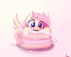 Size: 2500x2000 | Tagged: safe, artist:miokomata, fluttershy, pegasus, pony, blushing, cake, cute, eating, eyes on the prize, fangs, female, food, freckles, frosting, gradient background, macaron, messy eating, open mouth, shyabetes, simple background, smiling, spread wings, strawberry, strawberry cake, wings