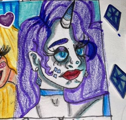 Size: 1080x1032 | Tagged: safe, alternate version, artist:ohmyjoshimsodunwithyou________, rarity, equestria girls, alternative cutie mark placement, bust, choker, cropped, ear piercing, eyelashes, horn, horned humanization, lipstick, makeup, offscreen character, piercing, six fanarts, traditional art