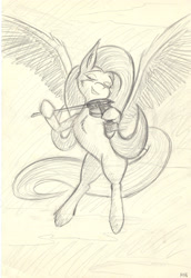 Size: 2368x3440 | Tagged: safe, artist:maneingreen, fluttershy, pegasus, pony, fiddle, flying, music, pencil, sketch, smiling, solo, traditional art