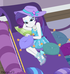 Size: 3500x3700 | Tagged: safe, alternate version, artist:pikachu dash, artist:tabrony23, rarity, better together, camping must-haves, equestria girls, arm behind head, bedroom eyes, clothes, female, hat, high heels, looking at you, nail polish, rarity's bedroom, sandals, sexy, shoes, show accurate, smiling, solo, toenail polish