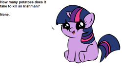 Size: 1194x668 | Tagged: safe, derpibooru import, twilight sparkle, pony, unicorn, dialogue, exploitable meme, female, filly, filly twilight sparkle, filly twilight telling an offensive joke, horn, irish potato famine, looking at you, meme, multicolored mane, multicolored tail, obligatory pony, purple coat, simple background, sitting, smiling, solo, talking to viewer, text, underhoof, vulgar, white background