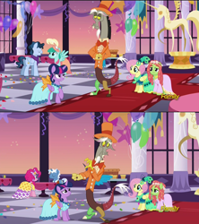 Size: 1916x2156 | Tagged: safe, derpibooru import, screencap, discord, fluttershy, perry pierce, pinkie pie, spring melody, sprinkle medley, tree hugger, twilight sparkle, twilight sparkle (alicorn), alicorn, earth pony, pegasus, pony, make new friends but keep discord, female, inconsistency, mare