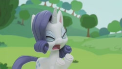 Size: 1920x1080 | Tagged: safe, screencap, rarity, pony, unicorn, gem of a problem, my little pony: pony life, my little pony: stop motion short, eyes closed, hooves up, solo, tree, upset