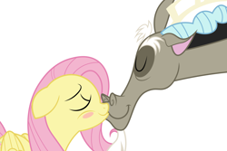 Size: 6000x4000 | Tagged: safe, artist:spottedlions, discord, fluttershy, draconequus, pegasus, pony, absurd resolution, discoshy, female, kissing, male, mare, shipping, simple background, smiling, straight, white background