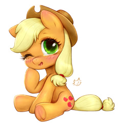 Size: 600x638 | Tagged: safe, artist:catmag, applejack, earth pony, pony, blushing, chibi, crying, cute, female, freckles, hat, jackabetes, looking at you, one eye closed, open mouth, simple background, sitting, smiling, solo, underhoof, white background, wink