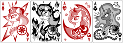 Size: 2540x889 | Tagged: safe, artist:virenth, daybreaker, nightmare moon, princess celestia, princess luna, alicorn, pony, ace of clubs, ace of diamonds, ace of hearts, ace of spades, playing card