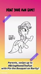 Size: 1080x1920 | Tagged: safe, rarity, pony, unicorn, bringhomethefun, clothes, coloring page, coronavirus, covid-19, dress, instagram story, official, solo, text