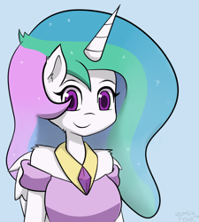 Size: 900x1000 | Tagged: safe, artist:genericmlp, princess celestia, anthro, blue background, bust, cheek fluff, clothes, cute, cutelestia, ear fluff, female, happy, off shoulder, shoulder fluff, simple background, solo