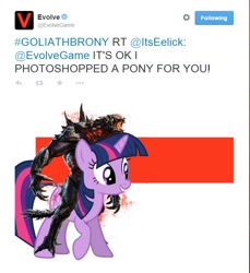 Size: 640x698 | Tagged: safe, derpibooru import, twilight sparkle, barely pony related, crossover, evolve, goliath, meta, twitter, video game