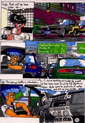 Size: 1360x1965 | Tagged: safe, artist:newyorkx3, flash sentry, oc, oc:tommy, human, comic:twilight and the big city, bmw, car, comic, flash sentry's car, non-mlp oc, self insert, traditional art