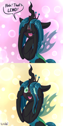 Size: 1472x2944 | Tagged: safe, artist:dsp2003, queen chrysalis, changeling, changeling queen, 2018, :3, abstract background, blushing, blushing profusely, comic, covering eyes, cute, cutealis, eye clipping through hair, eyes on the prize, fangs, female, floppy ears, hair over one eye, lewd, mare, open mouth, peeking, sitting, smiling, solo, speech bubble, wide eyes