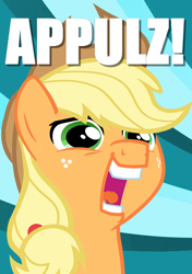 Size: 500x709 | Tagged: safe, artist:paragonaj, applejack, earth pony, pony, apple, appul, faic, fashion reaction, image macro, meme, silly, silly pony, solo, that pony sure does love apples, who's a silly pony