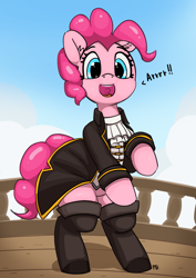 Size: 3934x5551 | Tagged: safe, artist:pabbley, pinkie pie, pony, bipedal, clothes, dialogue, open mouth, pirate, rearing, ship, solo