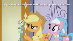 Size: 1125x633 | Tagged: safe, screencap, aloe, applejack, earth pony, pony, applejack's "day" off, discovery family logo, steam gauge