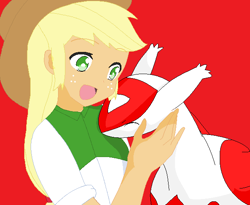 Size: 620x509 | Tagged: safe, artist:marcospower1996, artist:mega-shonen-one-64, applejack, equestria girls, crossover, latias, pokémon