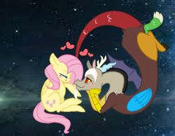 Size: 600x468 | Tagged: safe, artist:rose-moonlightowo, discord, fluttershy, pegasus, pony, discoshy, female, heart, male, shipping, space, straight