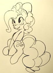 Size: 2844x3911 | Tagged: safe, artist:mang, pinkie pie, earth pony, pony, inktober, lip bite, monochrome, solo