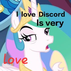 Size: 600x600 | Tagged: safe, edit, edited screencap, screencap, discord, princess celestia, alicorn, pony, dislestia, engrish, female, grammar error, male, photo, shipping, straight, wat