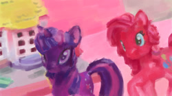 Size: 1283x716 | Tagged: safe, artist:explonova, derpibooru import, pinkie pie, twilight sparkle, earth pony, pony, unicorn, duo, duo female, female, horn, mare, multicolored mane, pink coat, pink mane, purple coat