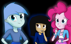 Size: 4000x2500 | Tagged: safe, artist:vicakukac200, pinkie pie, oc, oc:reese, oc:snowstorm, equestria girls, absurd resolution, black background, clothes, equestria girls-ified, shirt, simple background, smiling, trio