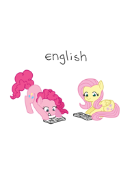 Size: 2975x3850 | Tagged: safe, artist:tycoontykun, fluttershy, pinkie pie, earth pony, pegasus, pony, book, english, female, flutterpie, learning, lesbian, school, shipping, simple background, white background