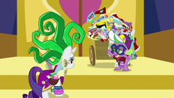 Size: 1920x1080 | Tagged: safe, screencap, mane-iac, rarity, spike, dragon, pony, unicorn, dragon dropped, cart, clothes, comic book, cosplay, costume, twilight's castle, winged spike