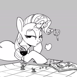 Size: 2655x2655 | Tagged: safe, artist:tallaferroxiv, rarity, pony, unicorn, black and white, dungeons and dragons, female, glass, glowing horn, grayscale, horn, huff, magic, mare, monochrome, ogres and oubliettes, pen and paper rpg, pencil, rpg, solo, telekinesis, wine glass