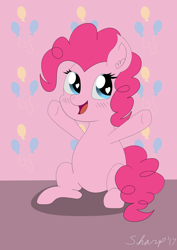 Size: 1024x1448 | Tagged: safe, artist:sharpiesketches, pinkie pie, earth pony, pony, chibi, cute, cutie mark, female, heart eyes, mare, simple background, sitting, smiling, solo, wingding eyes