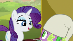 Size: 1920x1080 | Tagged: safe, screencap, rarity, spike, dragon, pony, unicorn, dragon dropped, female, horn, male, mare