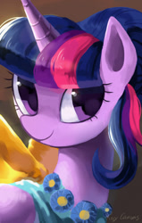 Size: 661x1039 | Tagged: safe, artist:rocy canvas, derpibooru import, twilight sparkle, twilight sparkle (alicorn), alicorn, pony, make new friends but keep discord, bust, clothes, dress, female, gala dress, looking at you, mare, pixiv, portrait, smiling, solo