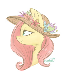 Size: 857x985 | Tagged: dead source, safe, artist:flourret, fluttershy, pegasus, pony, bust, female, flower, hat, lidded eyes, mare, portrait, profile, simple background, smiling, solo, straw hat, white background