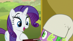 Size: 1920x1080 | Tagged: safe, screencap, rarity, spike, dragon, pony, unicorn, dragon dropped, female, horn, male, mare