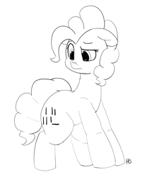 Size: 4093x5000 | Tagged: safe, artist:pabbley, pinkie pie, earth pony, pony, 30 minute art challenge, absurd resolution, alternate cutie mark, confused, female, floppy ears, frown, grayscale, looking back, loss (meme), loss edit, mare, monochrome, raised eyebrow, simple background, solo, white background