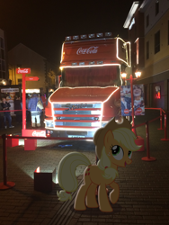 Size: 2448x3264 | Tagged: safe, artist:harpycross, applejack, earth pony, human, pony, coca-cola, female, hat, irl, lights, mare, night, photo, photoshop, ponies in real life, scania, solo, town, truck, vector, window