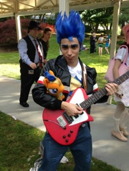 Size: 720x960 | Tagged: safe, artist:takerucoh, flash sentry, human, equestria girls, 2014, convention, cosplay, guitar, irl, irl human, musical instrument, photo, plushie, solo